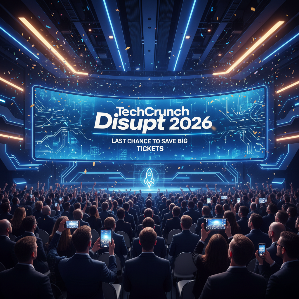 A professional, vibrant image of a large audience at a tech conference, focused on a stage with a screen displaying "TechCrunch Disrupt 2026".