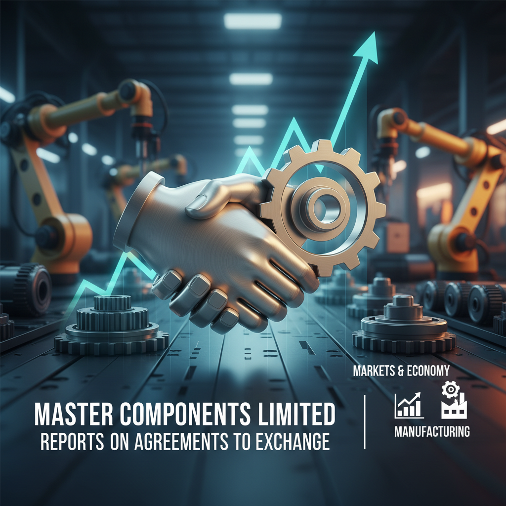 Robotic arms, handshake with gear, and upward arrow representing agreements and growth in manufacturing and economy.