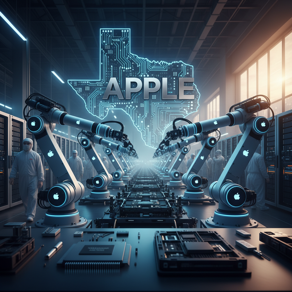 Robotic arms assemble circuit boards in a high-tech factory with a Texas-shaped circuit board graphic.