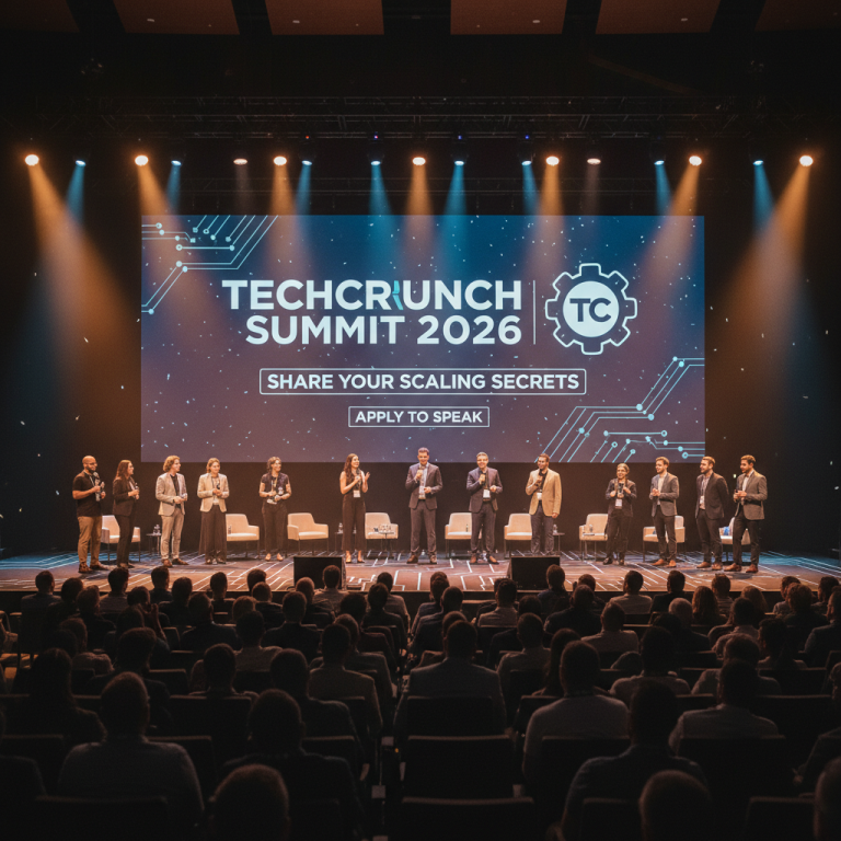 A group of diverse professionals speaking on a stage at the TechCrunch Summit 2026 event.