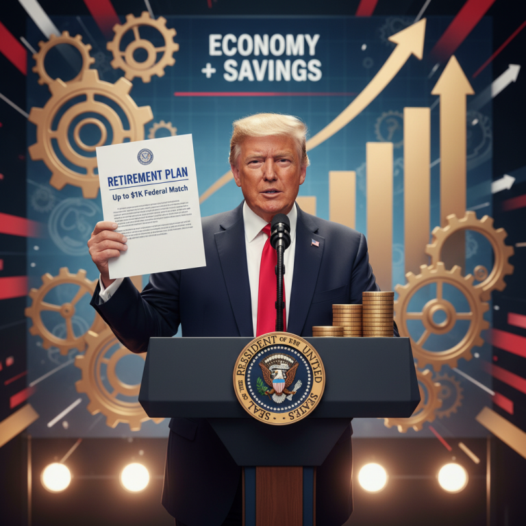 Donald Trump at a podium, holding a document titled "Retirement Plan," with an economic growth chart background.