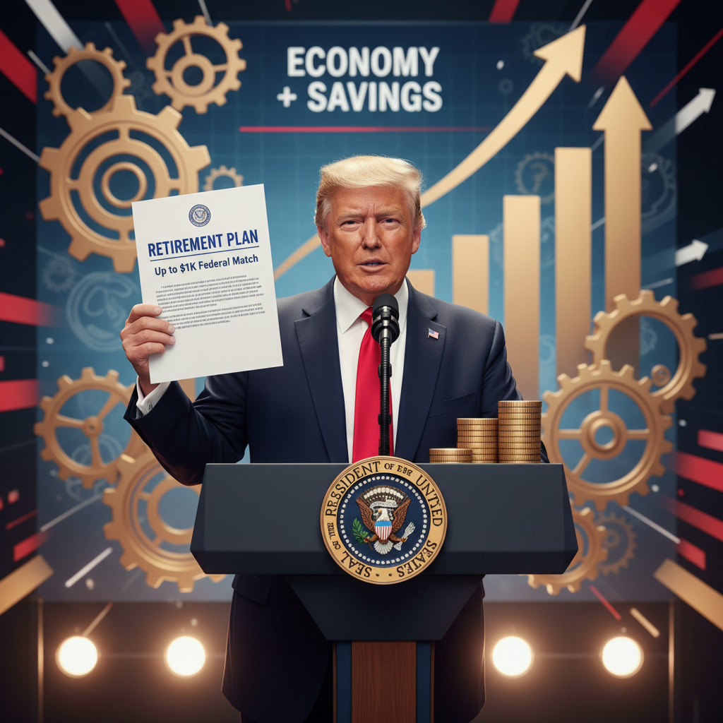 Donald Trump at a podium, holding a document titled "Retirement Plan," with an economic growth chart background.