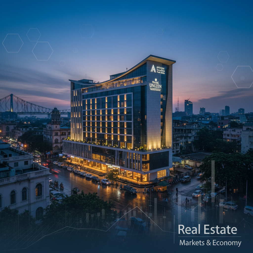 A modern hotel building, The Park Unizen, illuminated at dusk in a city setting with text overlay "Real Estate Markets & Economy".