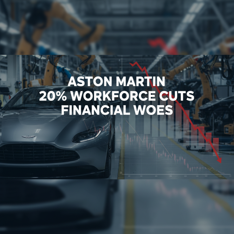 A modern Aston Martin car in a factory setting with a superimposed downward trending stock graph and text about workforce cuts.