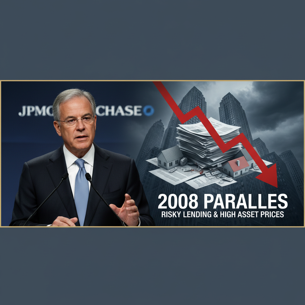 Jamie Dimon speaking, with a graphic depicting a stack of papers, houses, a downturn arrow, and buildings.