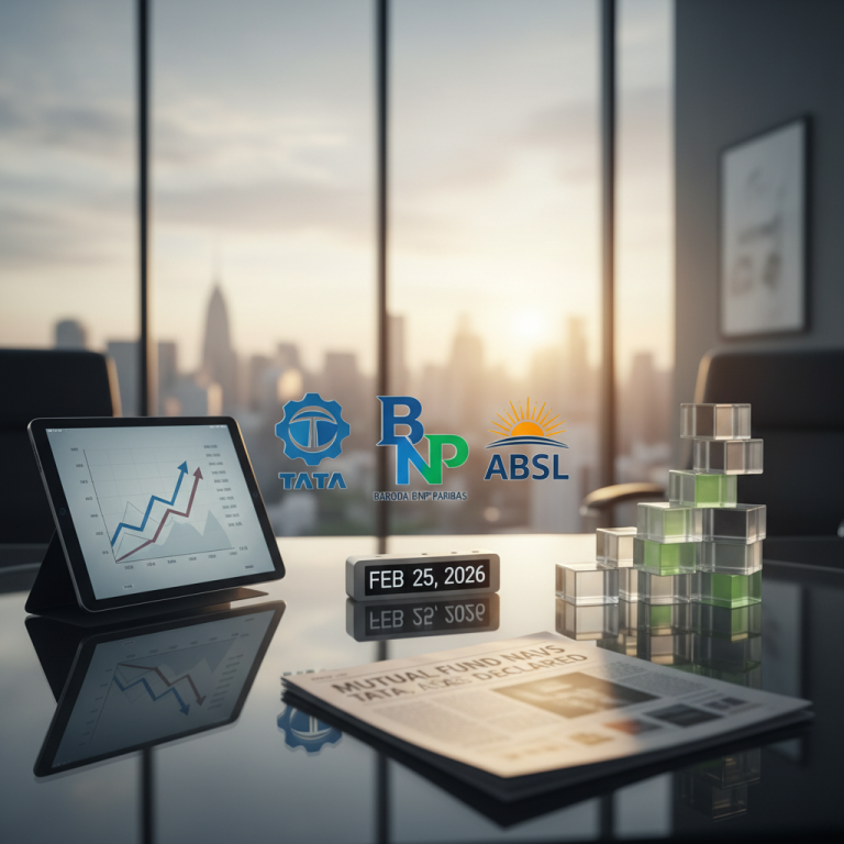 A professional office desk with a tablet showing financial charts, a newspaper, and logos of Tata, Baroda BNP Paribas, and Aditya Birla Sun Life.