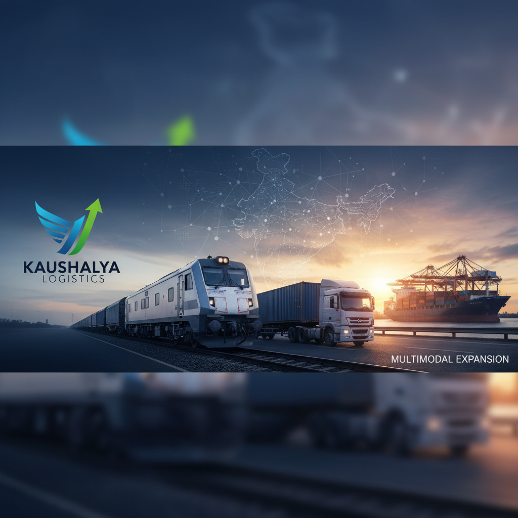 A modern logo for Kaushalya Logistics with a train, truck, and ship representing multimodal transport.