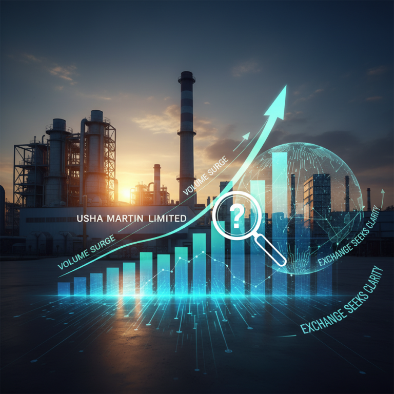 A modern factory with a rising stock graph overlay, a magnifying glass with a question mark, and "Usha Martin Limited" text.