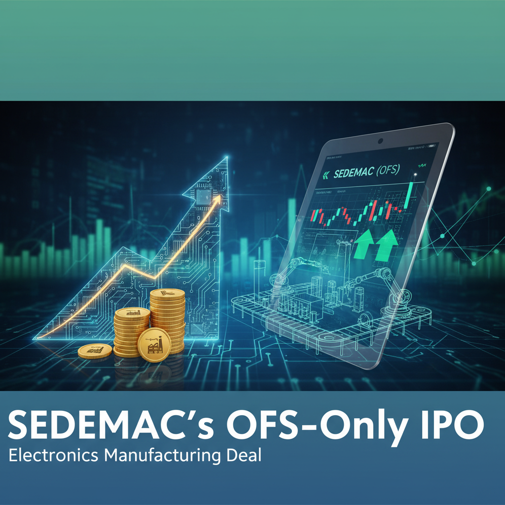 A professional image blending financial charts, electronics manufacturing, and coins, representing SEDEMAC's OFS-Only IPO.