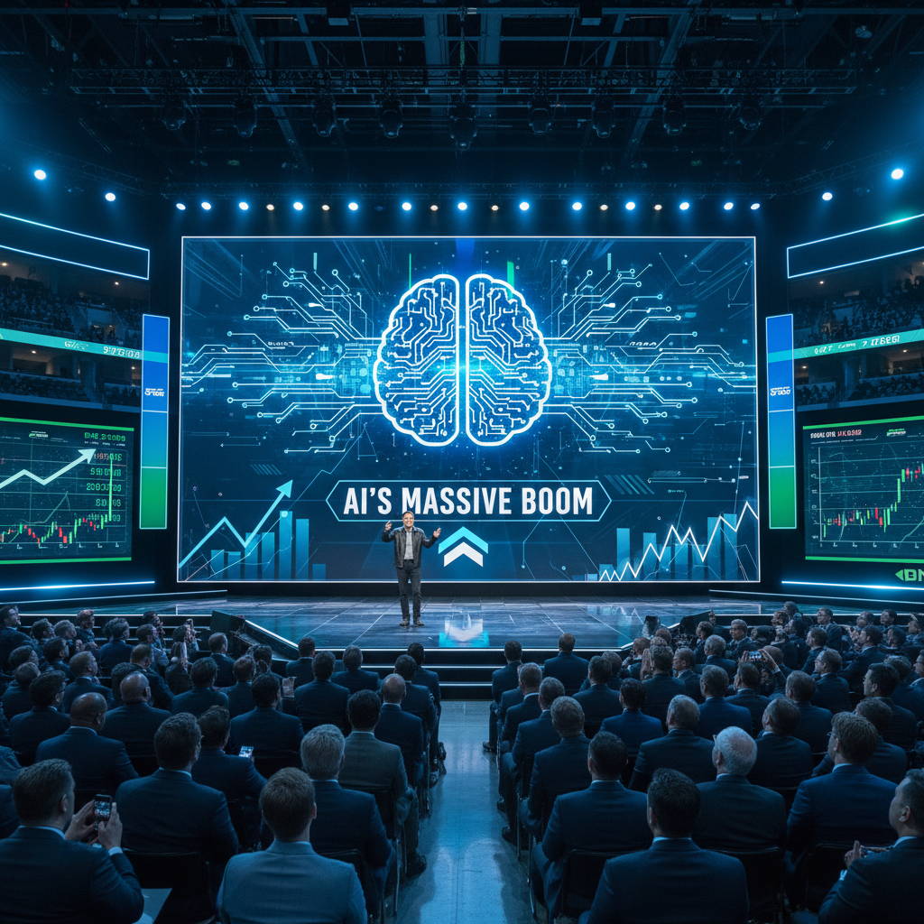 Jensen Huang speaks at an NVIDIA event, with a large screen displaying a circuit-like brain and growth charts.