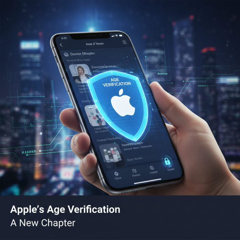A hand holding an iPhone displaying a digital shield with the Apple logo and 'AGE VERIFICATION'.