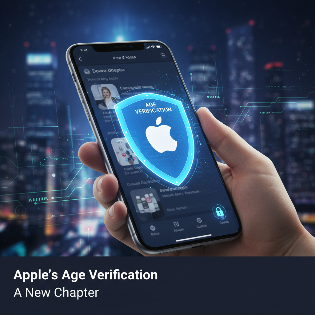 A hand holding an iPhone displaying a digital shield with the Apple logo and 'AGE VERIFICATION'.
