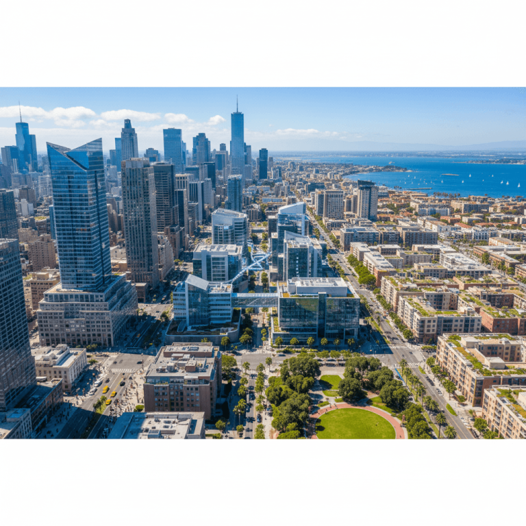 An aerial view showing a vibrant urban landscape with modern buildings, a park, and a bay with sailboats under a clear sky.