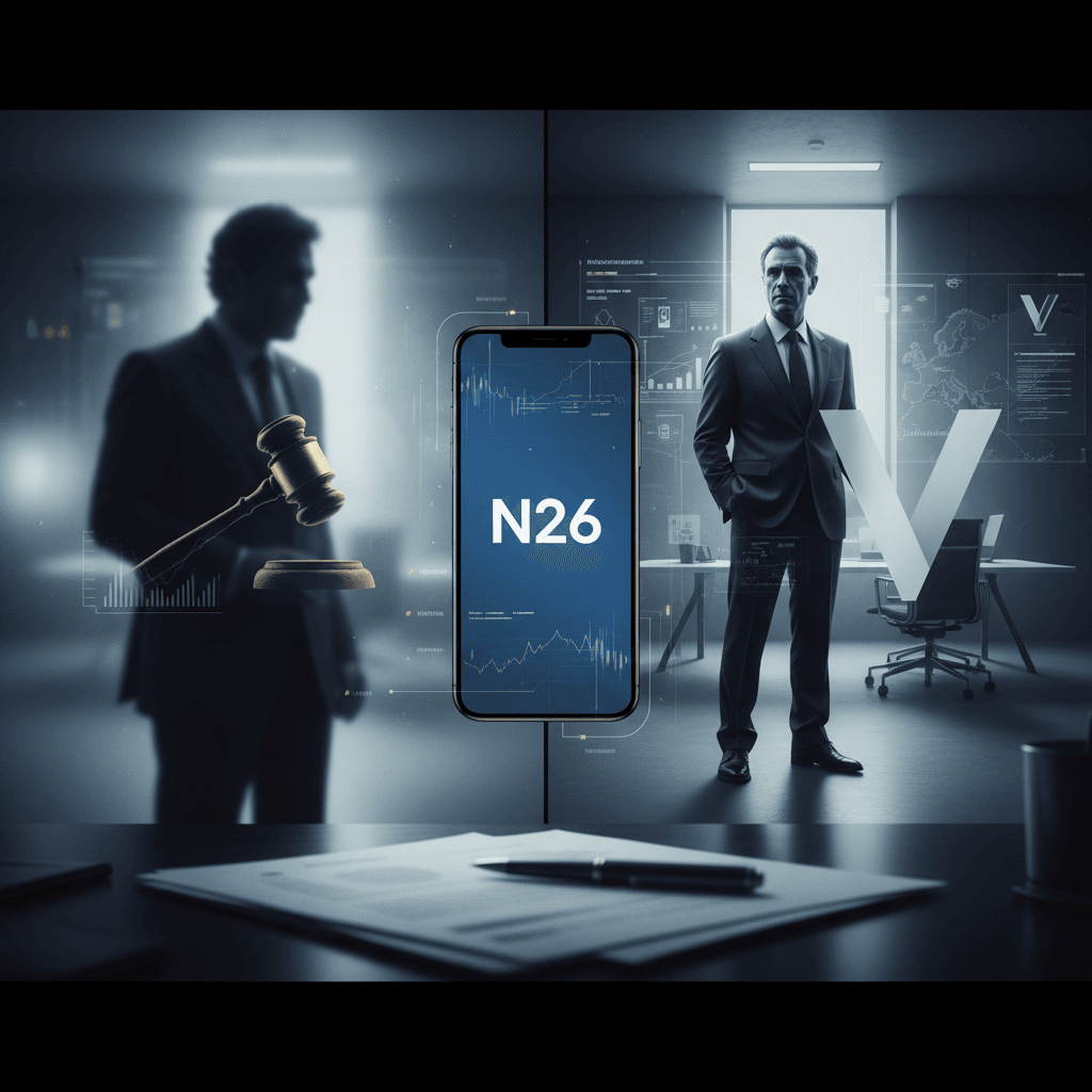 A conceptual image showing a mobile phone displaying the N26 app, flanked by a shadowy figure holding a gavel on the left, and a businessman in a modern office on the right.