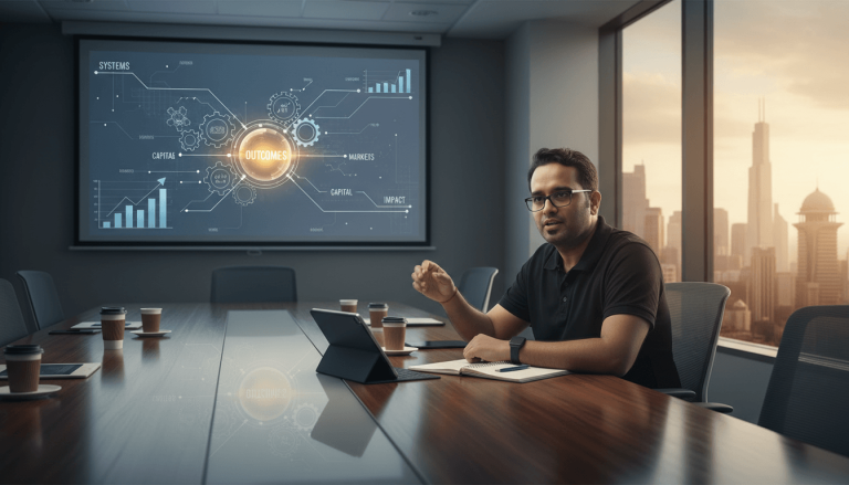 A man in glasses at a conference table with a screen showing "OUTCOMES" at its center, with an Indian cityscape visible outside.
