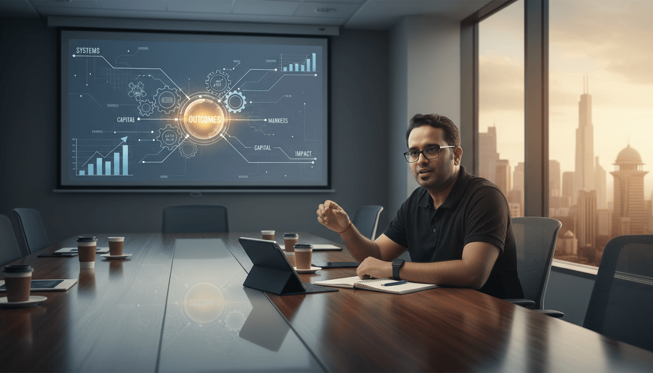 A man in glasses at a conference table with a screen showing "OUTCOMES" at its center, with an Indian cityscape visible outside.