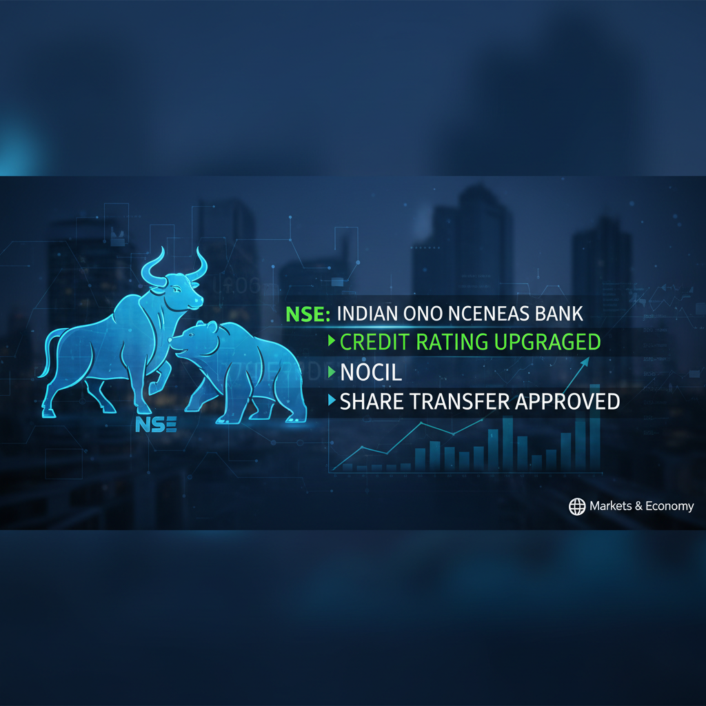 A professional graphic representing the NSE with a bull and bear, stock charts, and text overlays for banking and share transfer news.