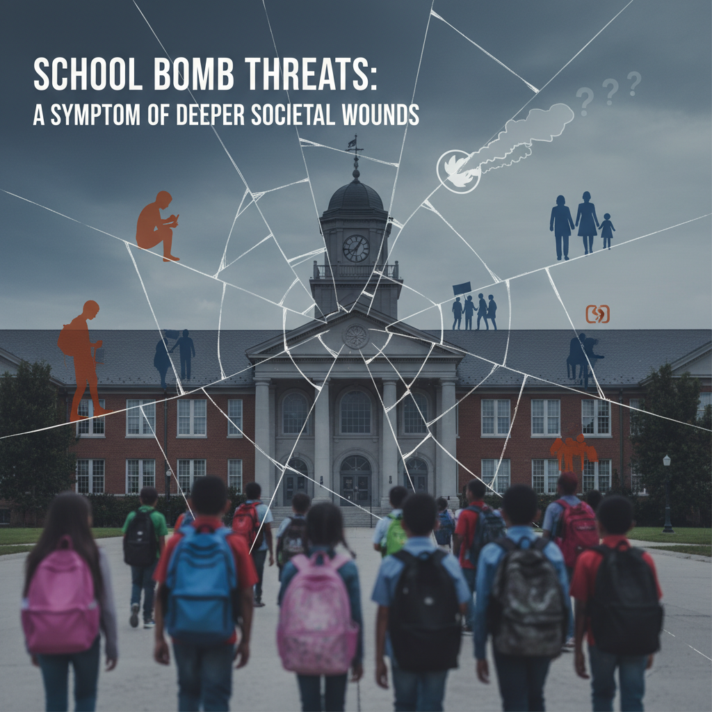 Image showing the facade of a school with a cracked glass overlay, symbolizing the fragility and damage caused by threats.