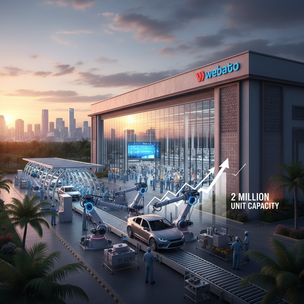 An advanced automotive manufacturing plant with robotic arms assembling cars and an overlay showing "2 Million Unit Capacity" and an upward trend.