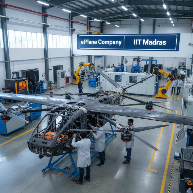 High-tech eVTOL aircraft being assembled by engineers in a clean, modern manufacturing facility.