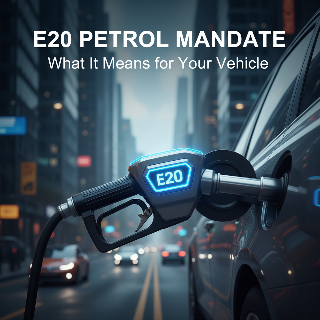 A modern car being refueled with an E20 petrol pump nozzle, set against a blurred city street background.