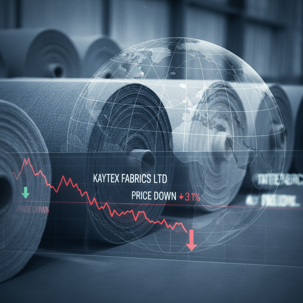 Digital overlay of a downward stock chart and a globe on rolls of fabric, symbolizing market volatility in textiles.