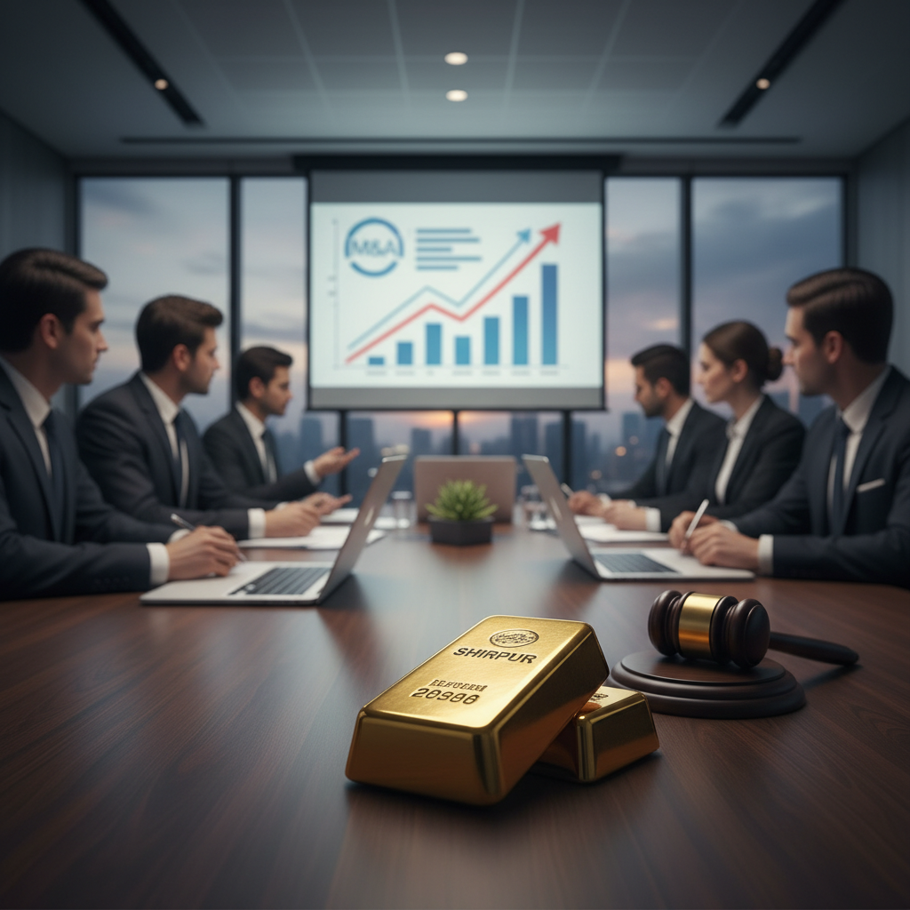 A professional meeting with gold bars and a gavel on the table, indicating finance, mergers, and legal aspects.