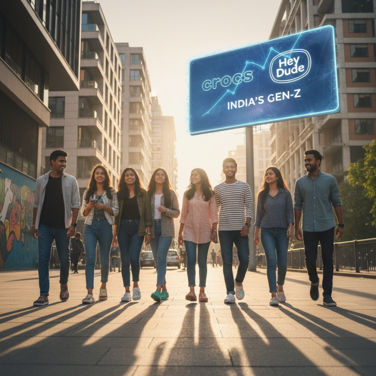 A group of diverse young Indian adults walking in a city with a neon sign advertising Crocs and Hey Dude.