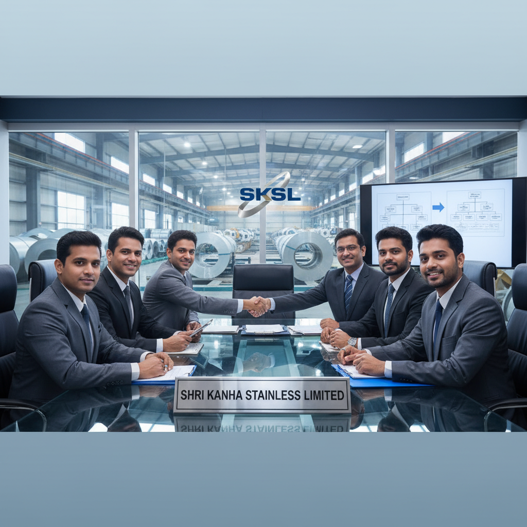 Six professionals in suits in a modern boardroom, with a factory visible through the window.