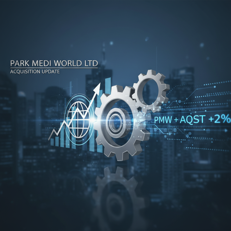 Gears, a globe, and a rising stock chart against a blurred cityscape, representing business acquisition and market growth.