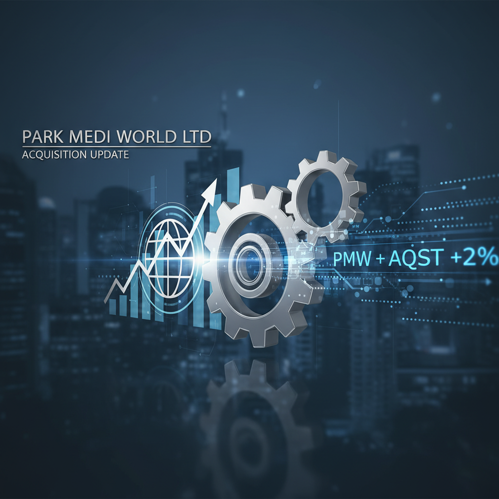 Gears, a globe, and a rising stock chart against a blurred cityscape, representing business acquisition and market growth.