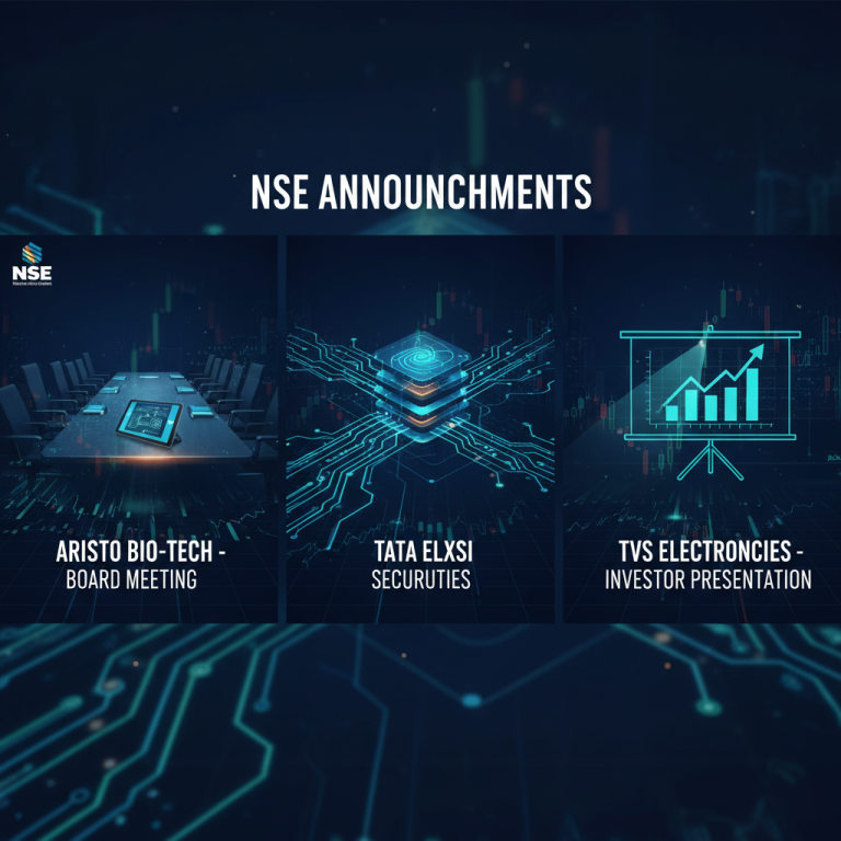 A professional graphic for "NSE Announcements" featuring three panels: a boardroom, a circuit board, and a rising bar chart.