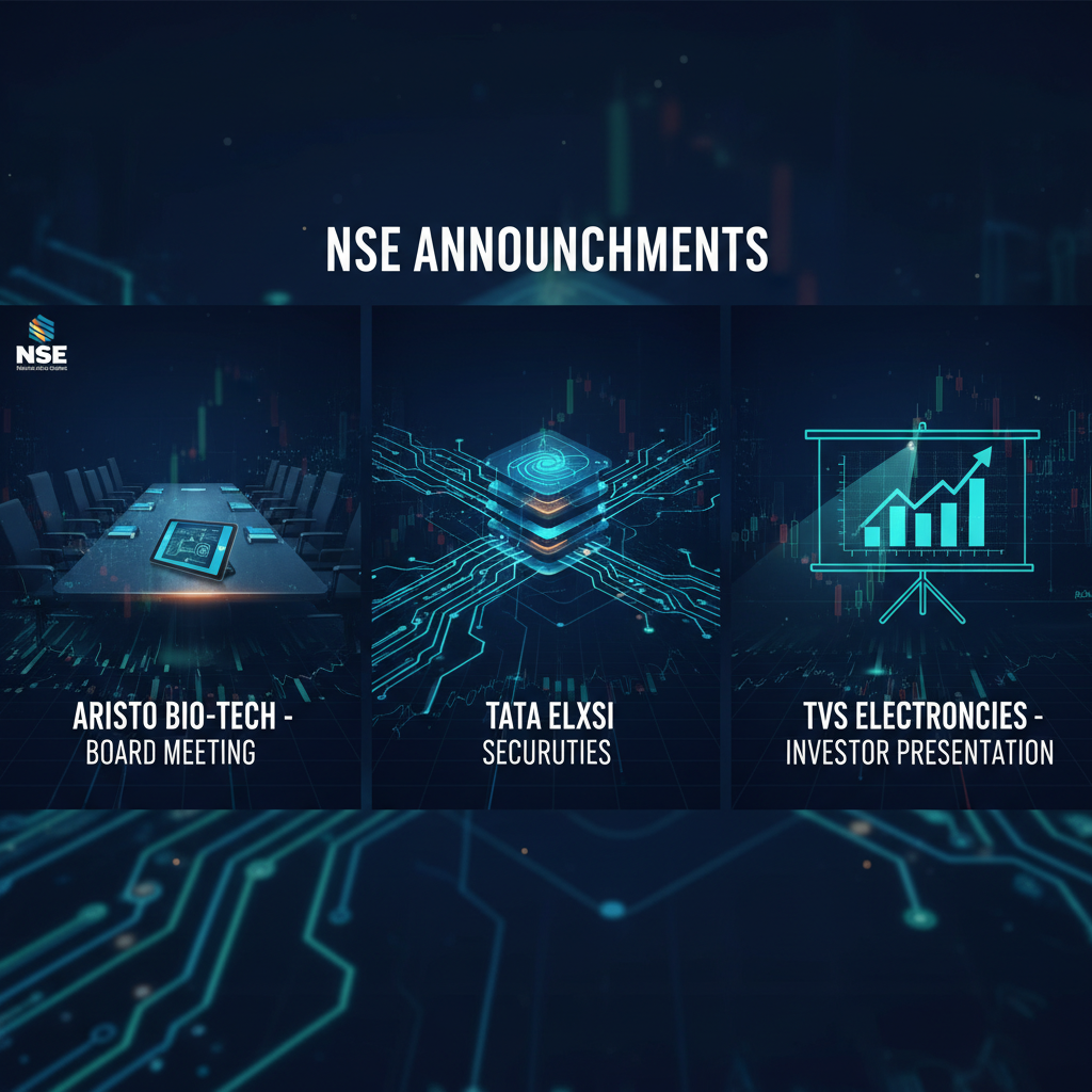 A professional graphic for "NSE Announcements" featuring three panels: a boardroom, a circuit board, and a rising bar chart.