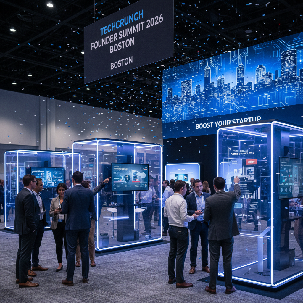 Professionals networking at a tech summit with digital displays and confetti.