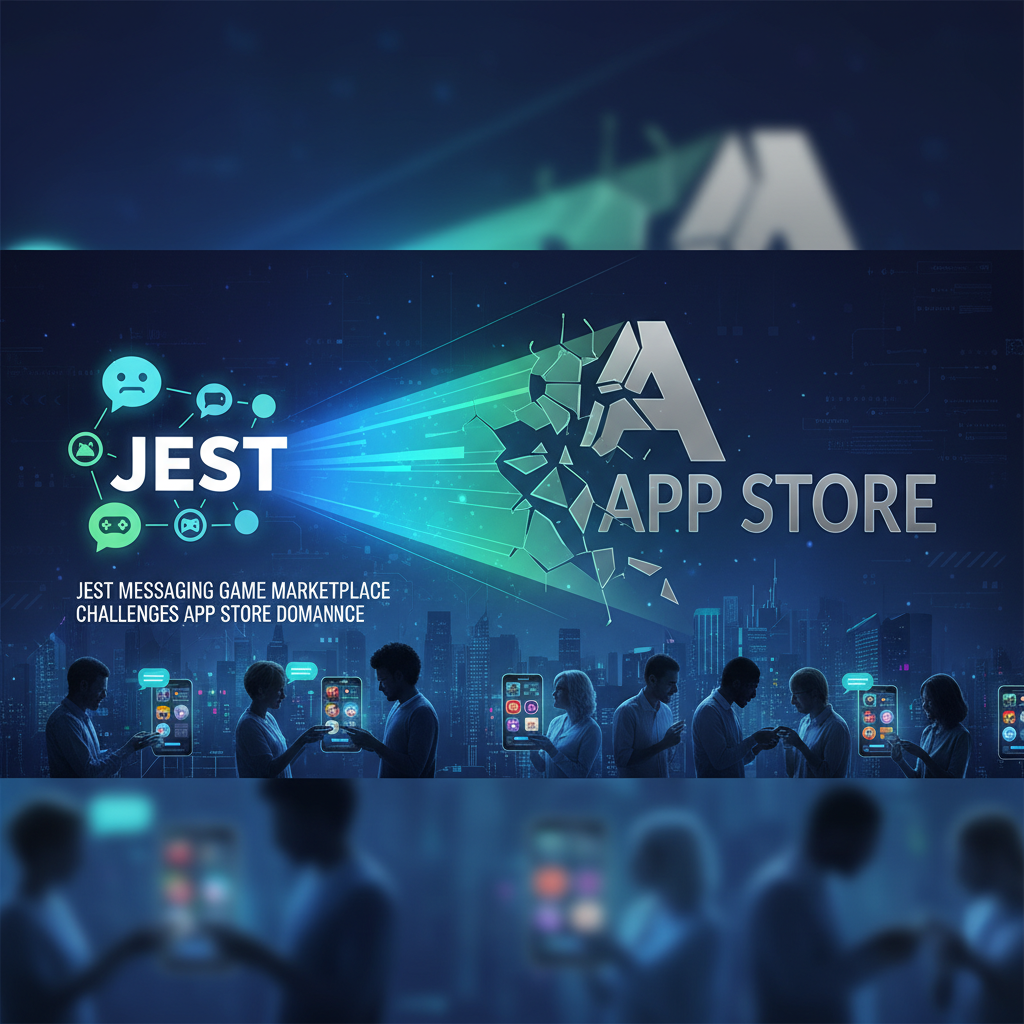 A professional graphic depicting "JEST" breaking through "APP STORE" with people using mobile devices.