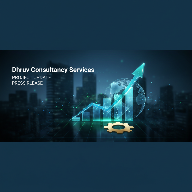 A professional graphic for a press release about a project update, showing a rising bar chart, a globe, and a gear icon, symbolizing growth and global business.