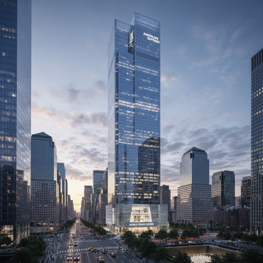 A towering, modern glass skyscraper with the American Express logo, standing amidst other buildings in a city at dusk.