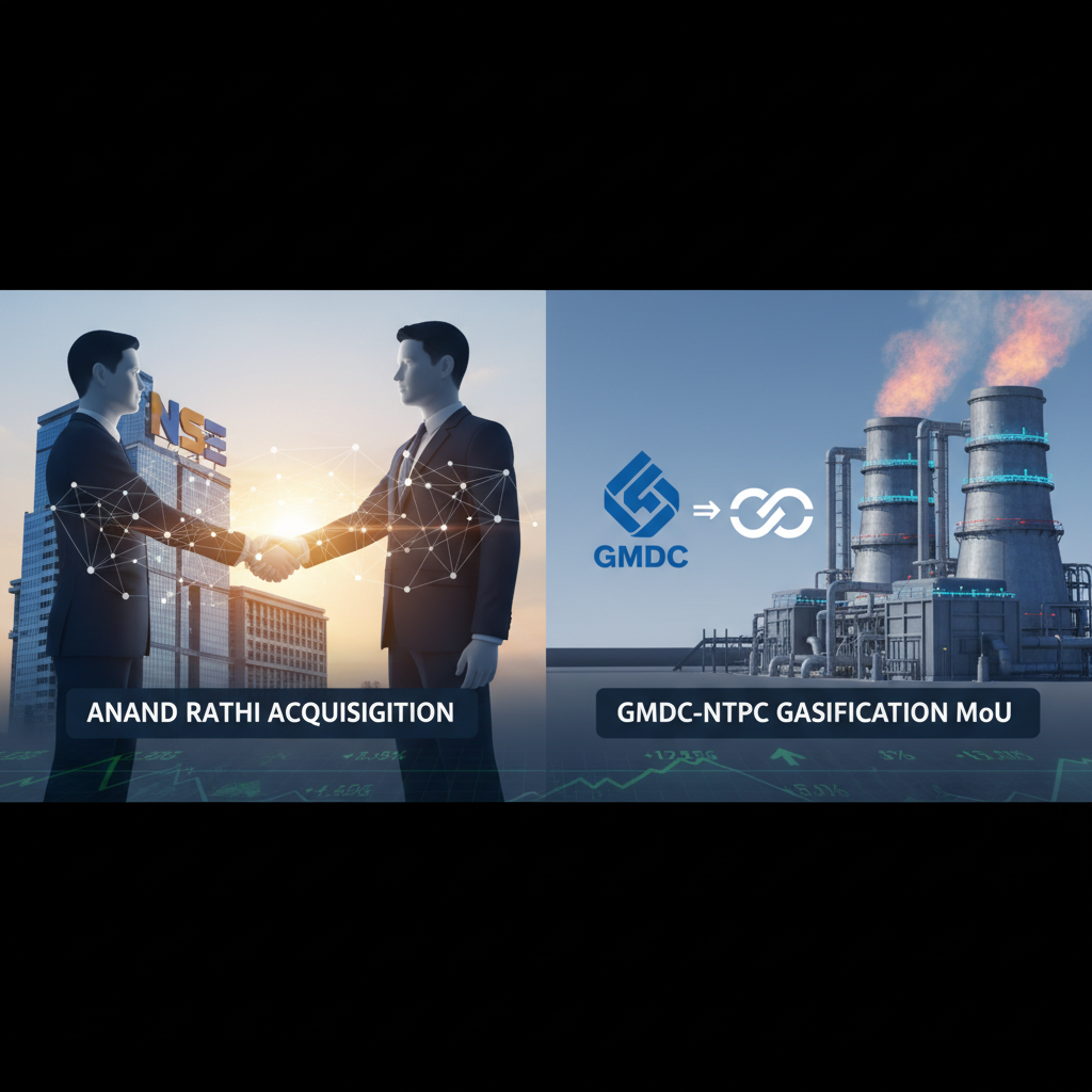 A split image showing a handshake with the NSE building and text "Anand Rathi Acquisition" on one side, and a factory with GMDC & NTPC logos and text "GMDC-NTPC Gasification MoU" on the other.