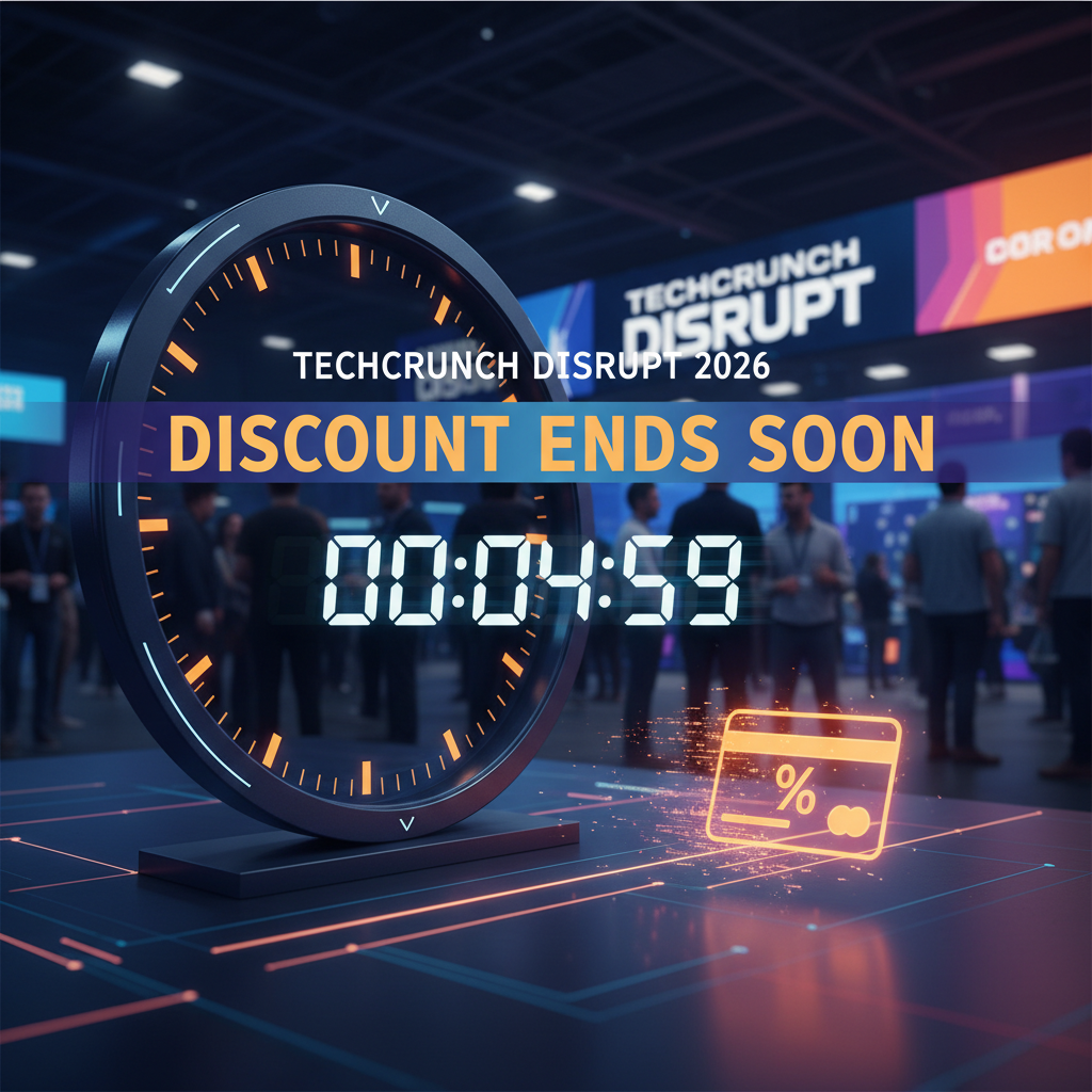 A countdown timer for TechCrunch Disrupt 2026, with "DISCOUNT ENDS SOON" and a credit card icon.