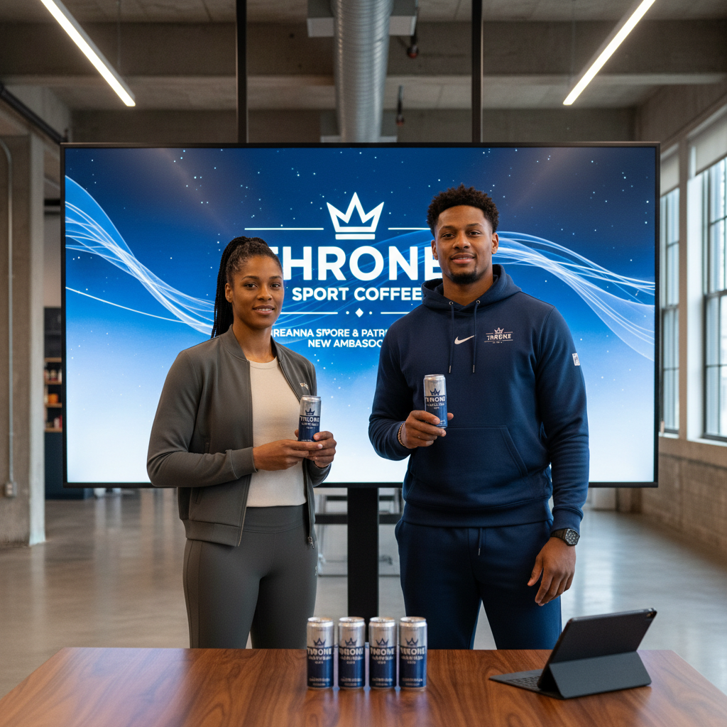 Breanna Stewart and Patrick Mahomes holding Throne SPORT COFFEE cans in a professional setting.