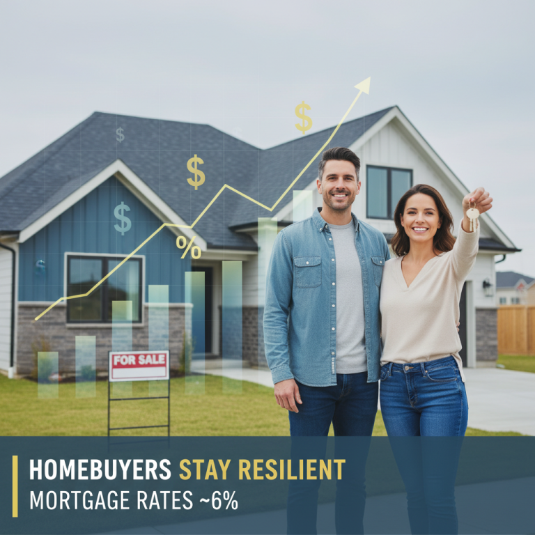 A smiling couple holding new house keys in front of a "For Sale" house with financial charts overlay.