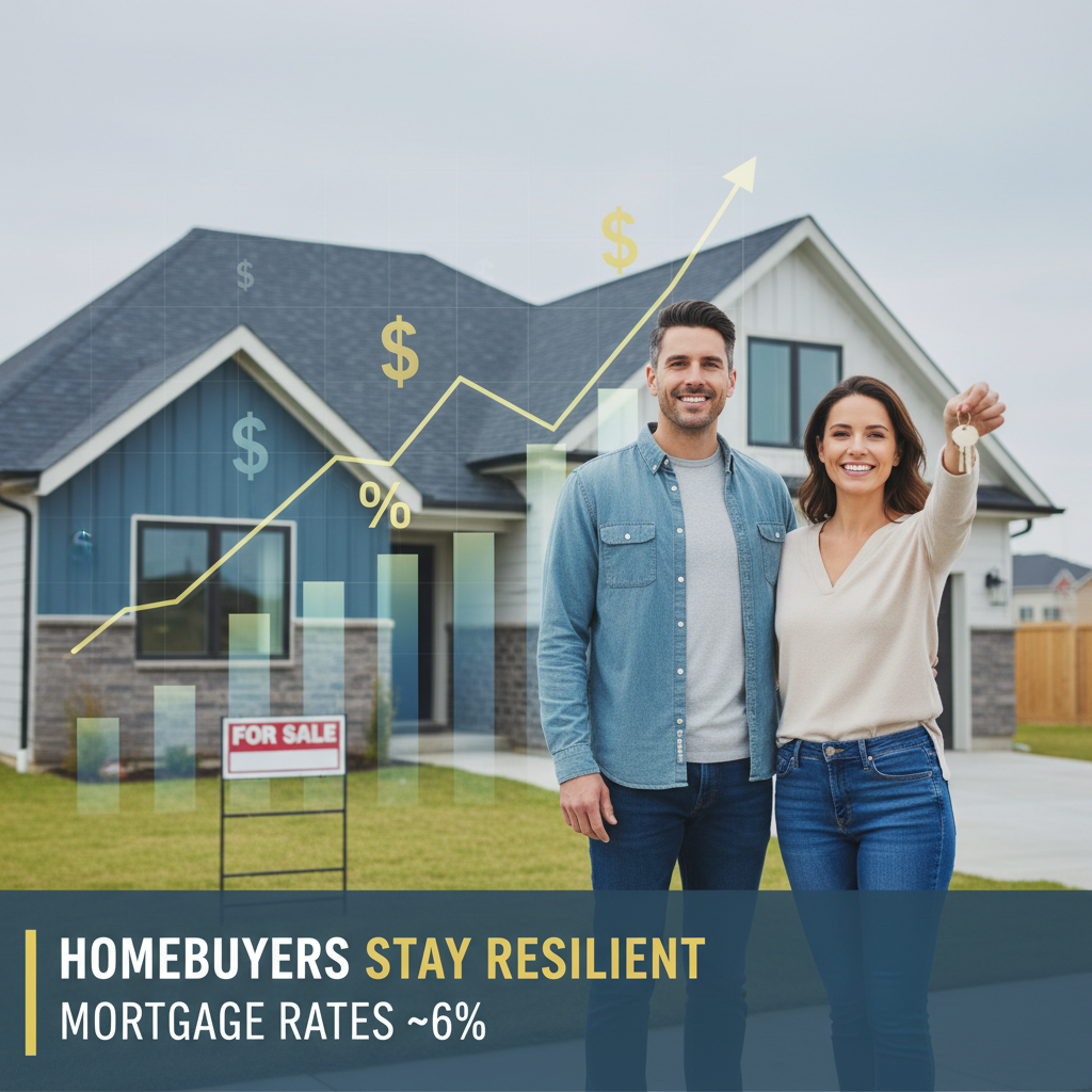 A smiling couple holding new house keys in front of a "For Sale" house with financial charts overlay.