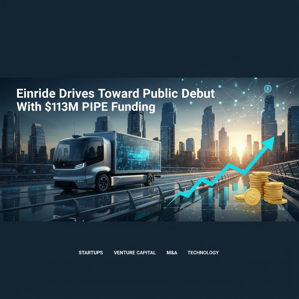 A futuristic Einride truck driving on a bridge with a city skyline, financial symbols, and an upward trend arrow.