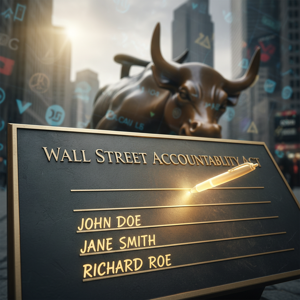 A professional image representing corporate accountability with a plaque listing names and the Wall Street bull in the background.