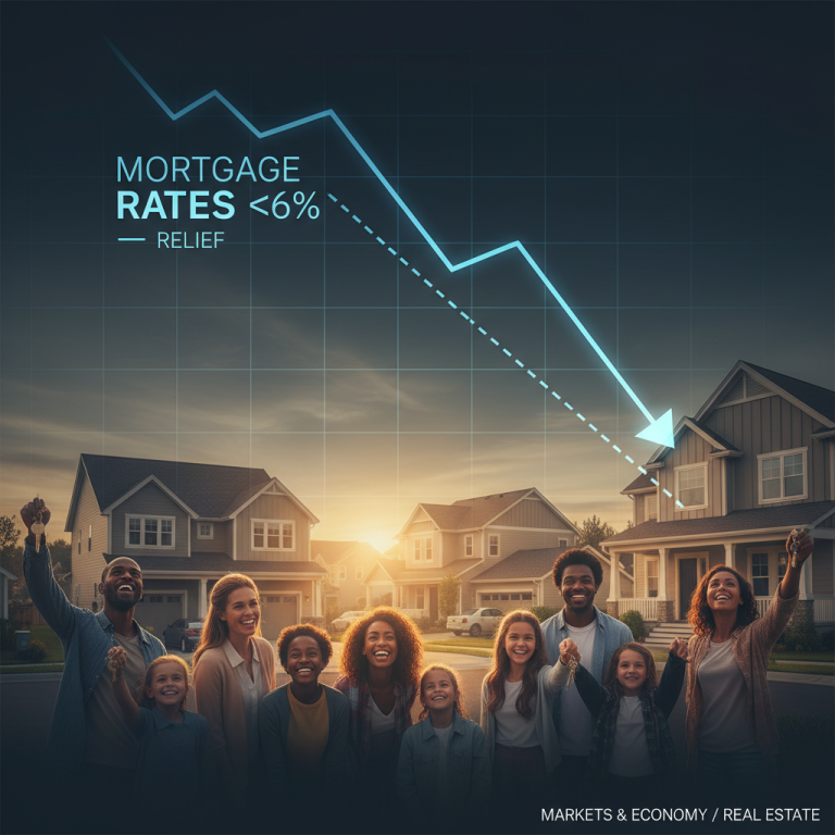 Diverse families rejoice in front of new homes as a blue arrow indicates falling mortgage rates.