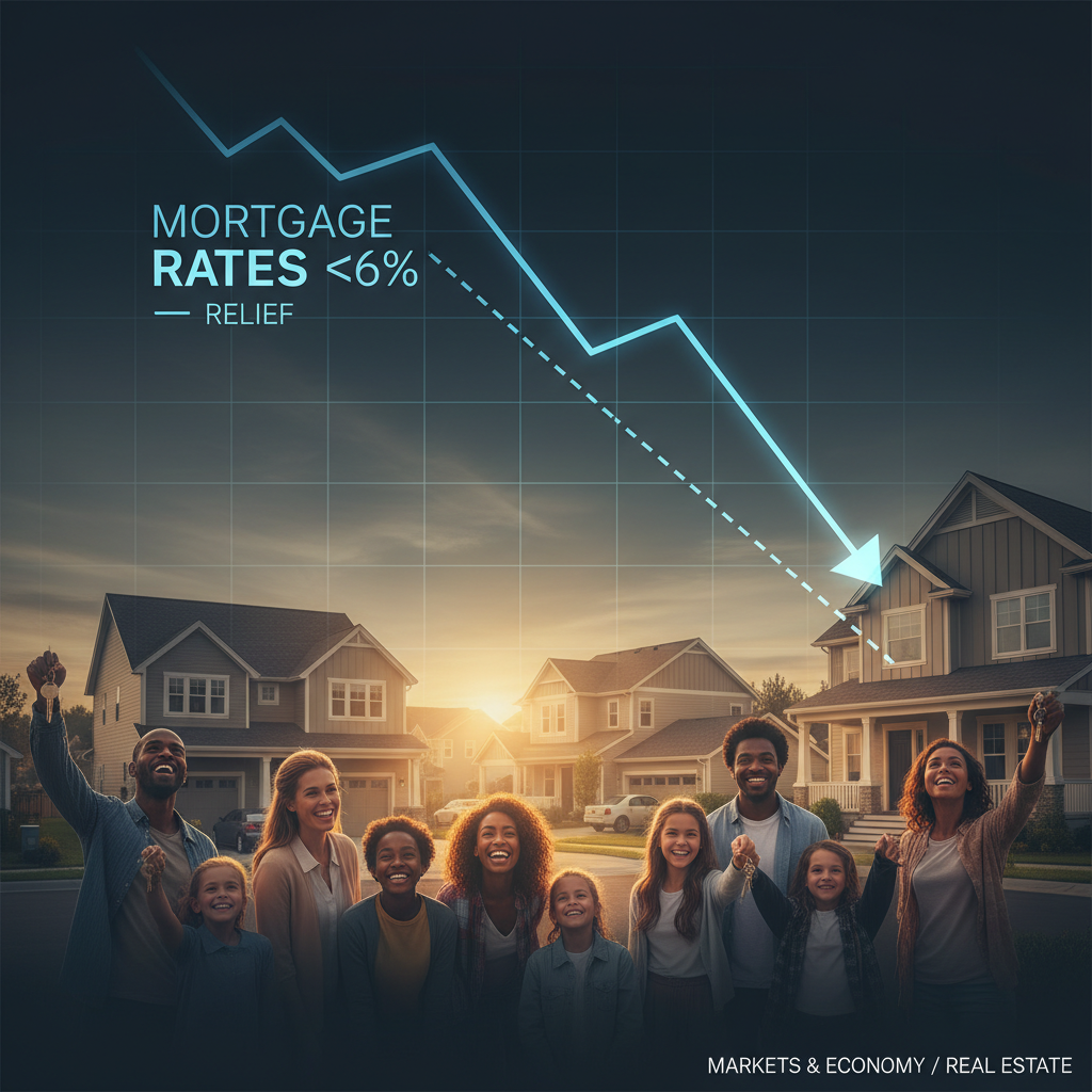 Diverse families rejoice in front of new homes as a blue arrow indicates falling mortgage rates.