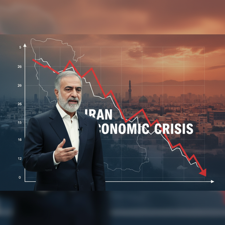 Prince Reza Pahlavi gestures in front of a chart showing Iran's economic crisis with a map of Iran.
