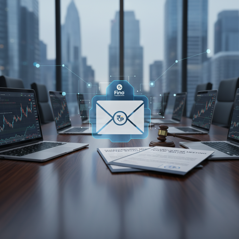 A professional image depicting a boardroom setting with laptops displaying financial charts, a gavel, and a document titled "SHAREHOLDERS MEETING POSTAL BALLOT". A digital overlay shows the Fino Payments Bank logo and an envelope with an Indian Rupee symbol, symbolizing communication and banking.