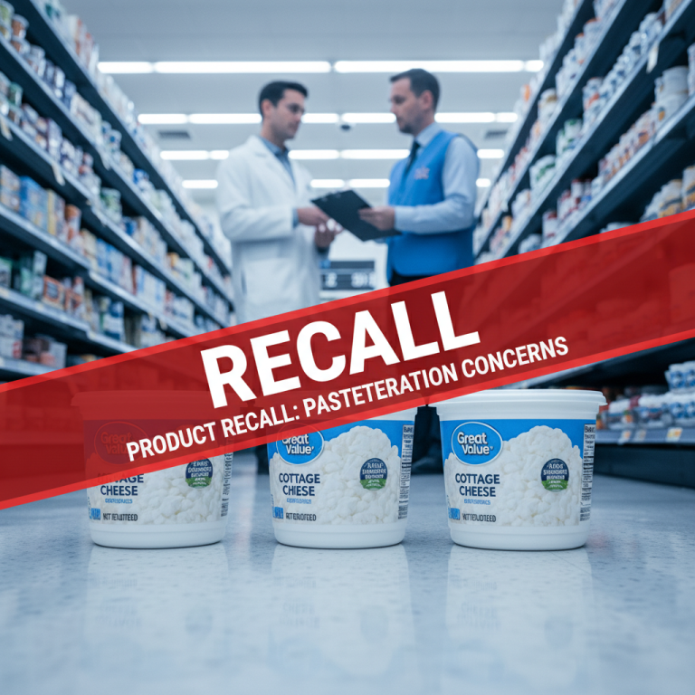 Three containers of Great Value cottage cheese in a Walmart aisle with a "RECALL" banner.
