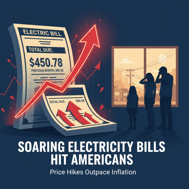 A family looks stressed while holding a large electricity bill with rising arrows.